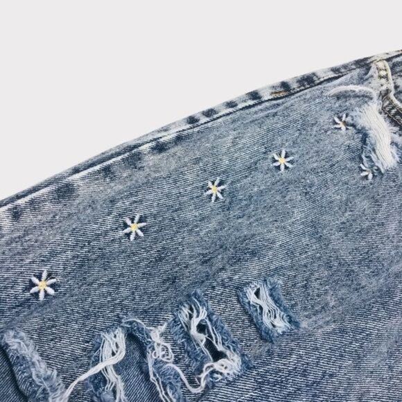 EASEL High Rise Floral Embroidered Distressed Straight Leg Drawstring Jeans Sz L - Picture 5 of 10